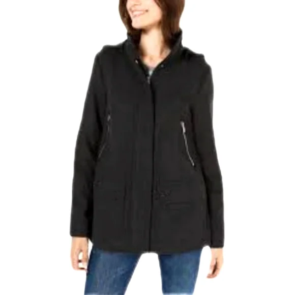 NEW Merona Womens Black Wool HOODED Full Zip Multi Pocket Cozy Jacket - Picture 1 of 10